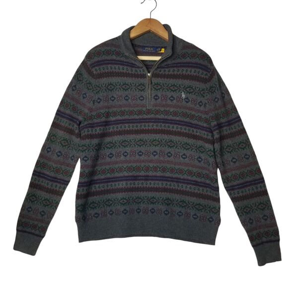 POLO RALPH LAUREN Gray Fair Isle Wool Cashmere 1/4 Zip Sweater XL Grandpacore - Picture 1 of 12